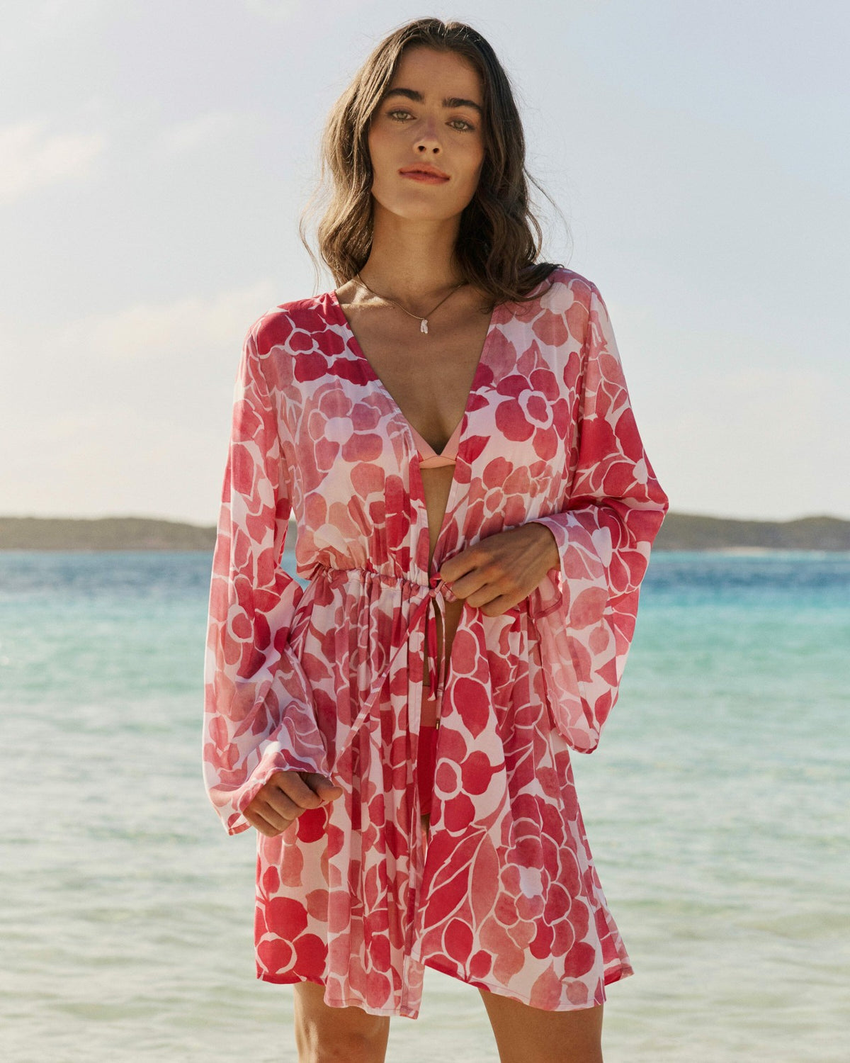 Floral Bell Sleeve Short Tunic Cover-Up