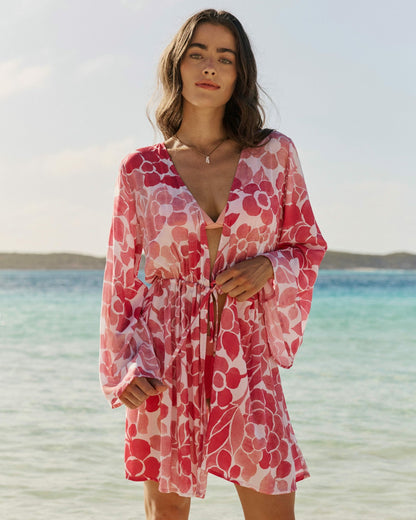 Floral Bell Sleeve Short Tunic Cover-Up