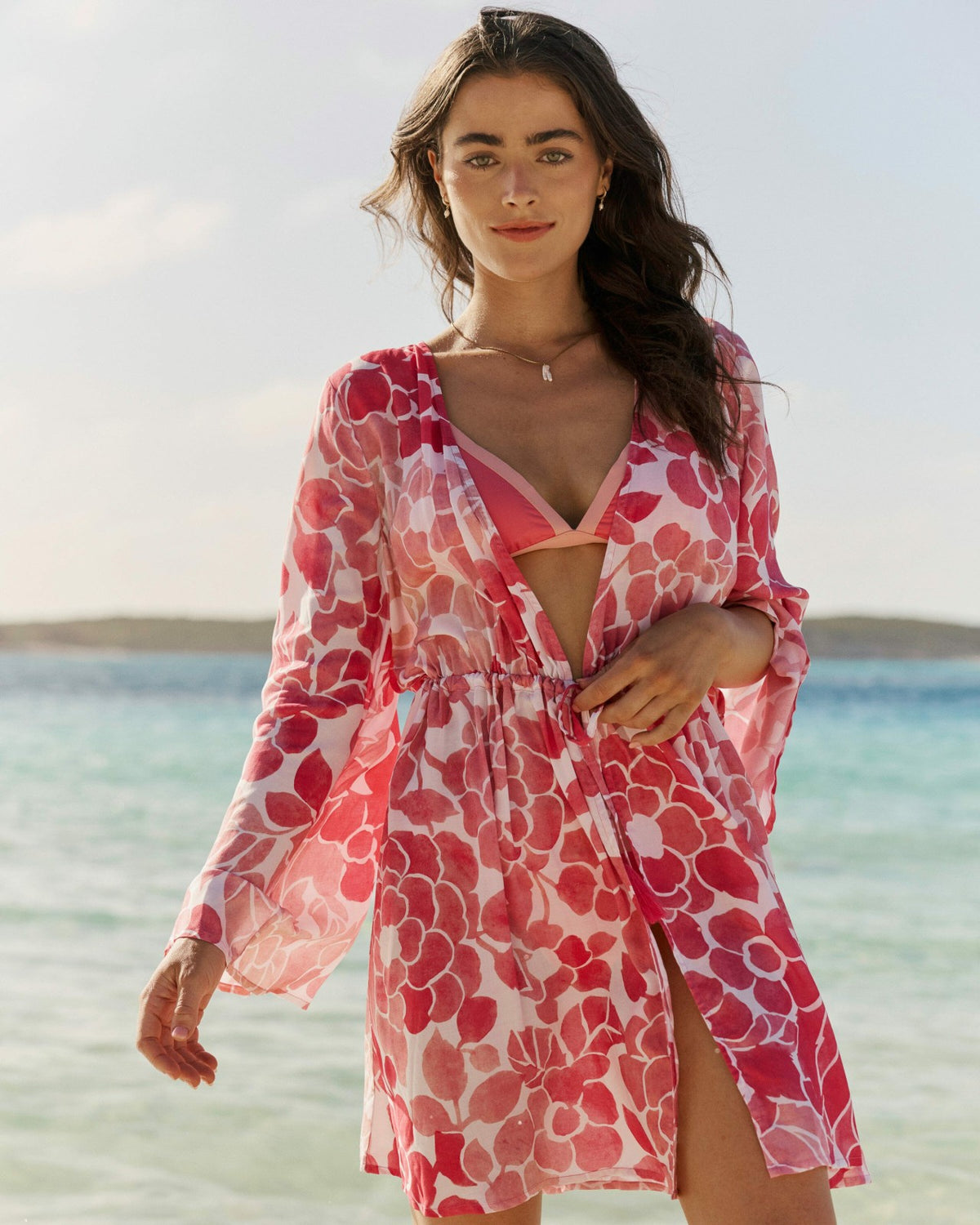 Floral Bell Sleeve Short Tunic Cover-Up