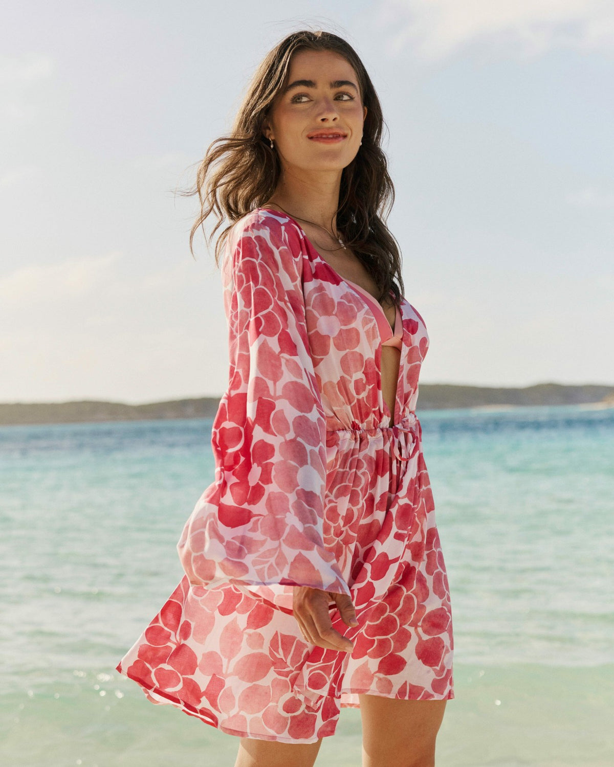 Floral Bell Sleeve Short Tunic Cover-Up