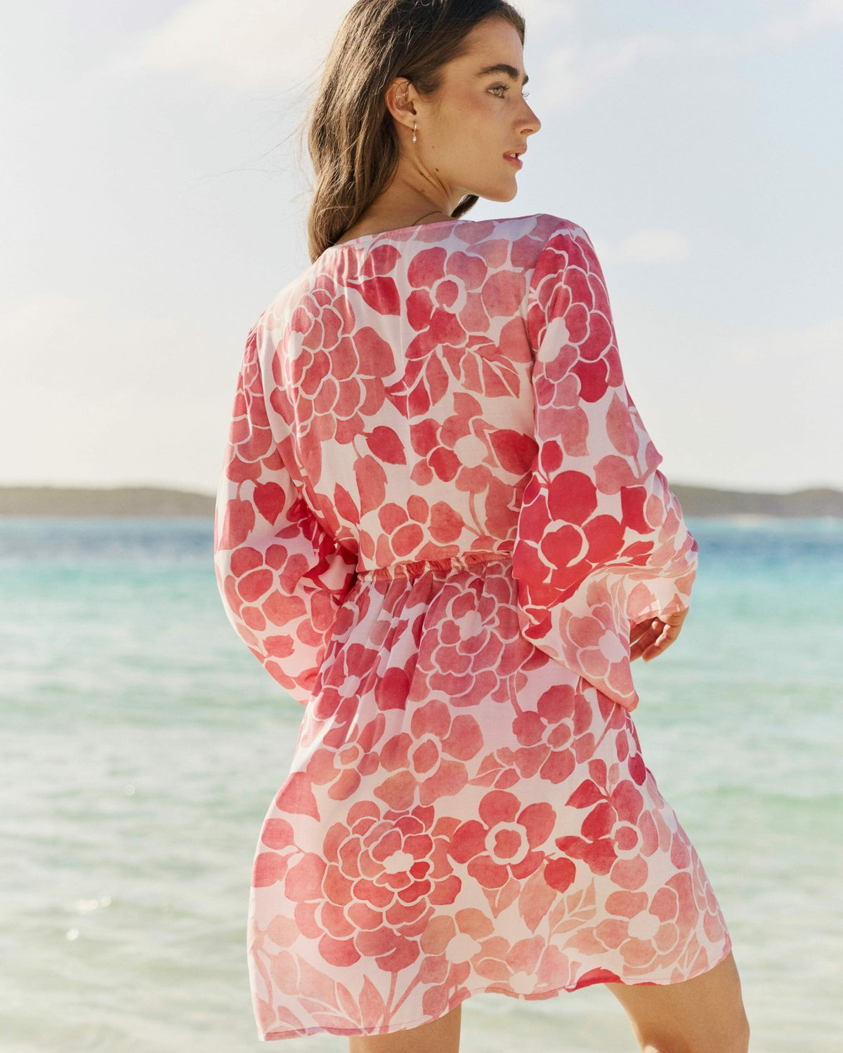 Floral Bell Sleeve Short Tunic Cover-Up
